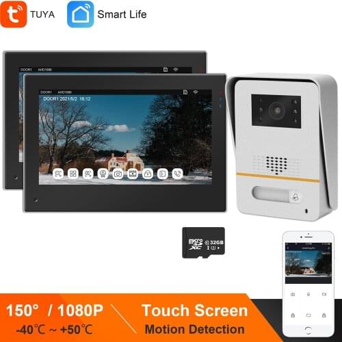 WiFi Video Intercom TUYA Wireless Door Intercom Home Security Access Control System 2 Monitors Touch Screen 1080P 150° Doorbell