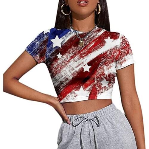 Women T-Shirt 2021 New American Independence Day Print Slim Short Navel T-Shirt Pullover Slim Fitting Fashion Short Sleeve Top