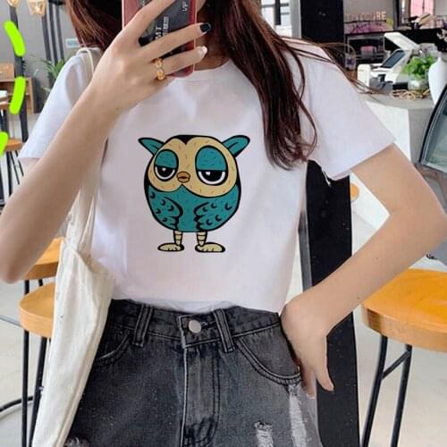 Owl Design Print White T-shirt Short Sleeve Harajuku Aesthetic Women Graphic T Shirts Clothes Top Tees Female