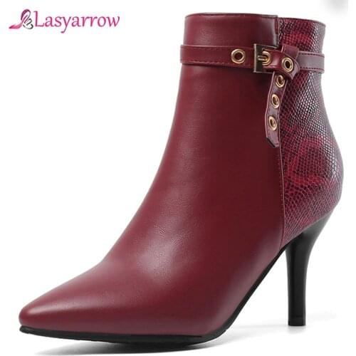 Lasyarrow Fashion Sexy High Heel Women Boots Red Black Snakeskin Design Patchwork Ladies Shoes Pointed Toe Ankle Boot Footwear