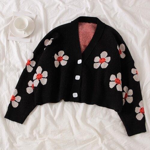 2021 Winter New Women Long Sleeve Flower Print Loose Cardigans Sweaters Fashion V Neck Casual Kintted Sweater Coat
