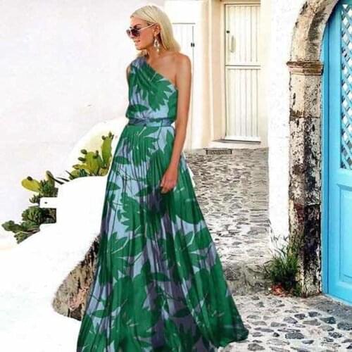 2021 summer Fashion Patchwork women Natural Style models leaf stitching strapless print long Ruffle dress Beach Style
