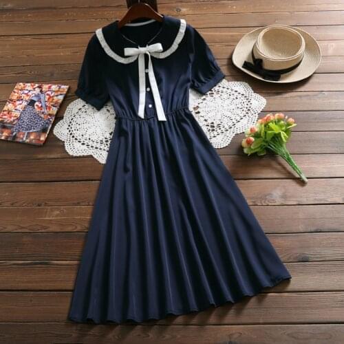 Mori girl elegant midi dress 2019 summer fashion peter pan collar short sleeve vintage dress women solid vestidos