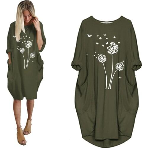 Womens Midi Dress Dandelion Print Vintage Vestidos Long Sleeve O Neck Pocket Loose Robe Femme Casual Dresses Female Streetwear