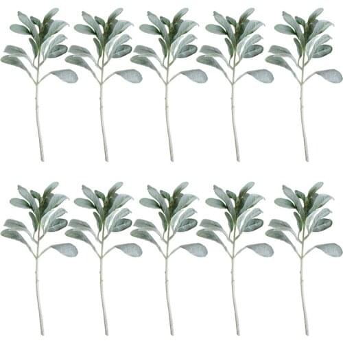 10 Pcs Artificial Flocked Lambs Ear Leaves Dusty Miller Stems Flocked Oak Leaves Lambs Ear Leaf for Home Wedding DIY-ABUX