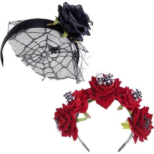 Halloween Day of the Dead Headband Velvet Rose Flower Skull Spider Hair Hoop F3MD