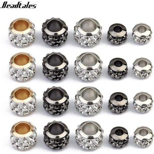Beadtales 20pcs/lot 7*5mm/9*7mm Rhinestone Crystal Ball Beads Silver Black Color Big Hole Spacer Beads For Diy Jewelry Making