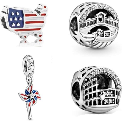 2020 Summer New High Quality 1:1 Sterling Silver 925 Roman Colosseum Venice Windmill Charm Diy Bracelet Exquisite Classic