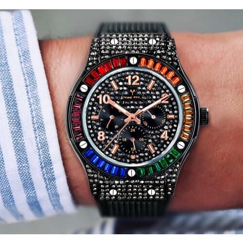 Black Watch For Men MISSFOX Colorful Diamond Ice Out Sport Luxury Quartz Watches Silicone Strap Streetstyle Dropshipping 2021