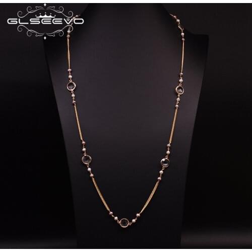 GLSEEVO Natural Fresh Water Pearl Zircon Long Necklace For Women Party Luxury Sweater Chain Fine Jewelry naszyjnik GN0184