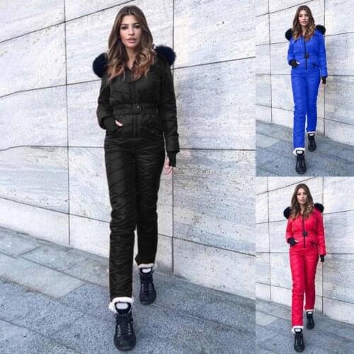 80%HOTWomen Playsuit Solid Color Waterproof Padded Jumpsuit Winter Warm Hooded Rompers for Outdoor Skiing