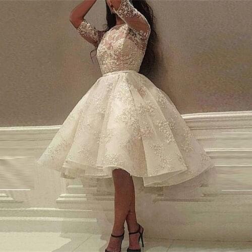 Saudi Arabian Short Wedding Dresses Half Sleeve Tulle Knee Length Formal Bridal Gown Elegant Sheer Neck Wedding Gowns