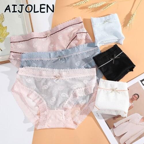 AIJOLEN Cute And Sweet Ladies Panties Sexy Lace Bow Knot Panties Love Mesh Mid-waist Underwear Soft Womens Underpants Briefs