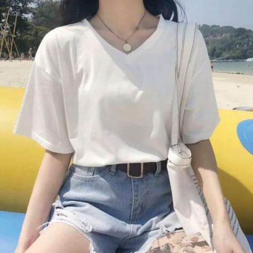 Summer New Style 2021 Solid Color Short-sleeved T-shirt Round Neck Loose Bottom Solid Color T-shirt Neutral Wind V-neck T-shirt