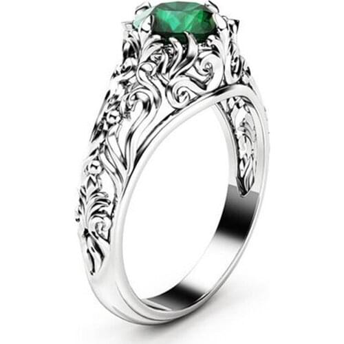 Green Zircon Engagement Rings for Women Silver Color Wedding Rings Female Flower Vine Shape Crystals Fashion Jewelry Love Ring
