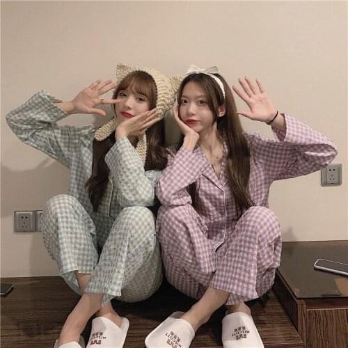 Sleepwear Womens Plaid 2PCS Pajamas Set Nightwear Long Sleeve Pajamas Home Clothes Set For women Sleeping Shirt Home Wear