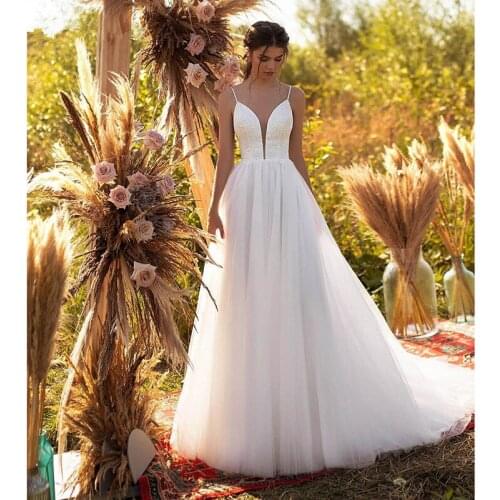 Simple Beach Wedding Dress 2021 V-Neck Spaghetti Strap Tulle Backless Bridal Gown Vestido De Noiva White Ivory Elegant