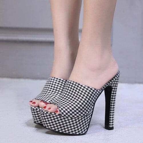 Sexy platform sandals high heels Sexy plaid Platform summer mules slides Party sandal Slippers women shoes Female Sandals