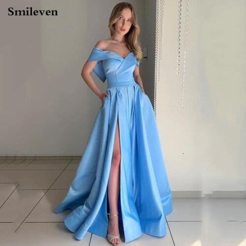 Smileven Sky Blue Satin Evening Dresses A Line Corset Back Prom Dresses With Pockets Side Splitt Celebrity Party Gowns