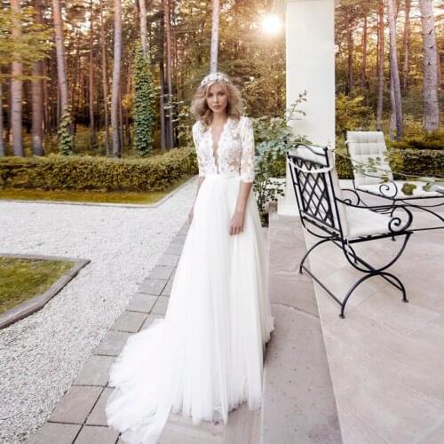 Sexy Low V-Neck Lace Wedding Dress with Sleeve A-Line Tulle Gowns Custom Made Bridal Dresses Vestios De Novia