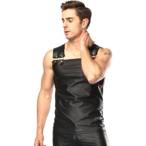 Sexy Men Black Faux Leather Lingerie Tank Tops Erotic Gay Sexy Mens Nightclub Shirt Vinyl Mens Underwear Pole Dance Tops