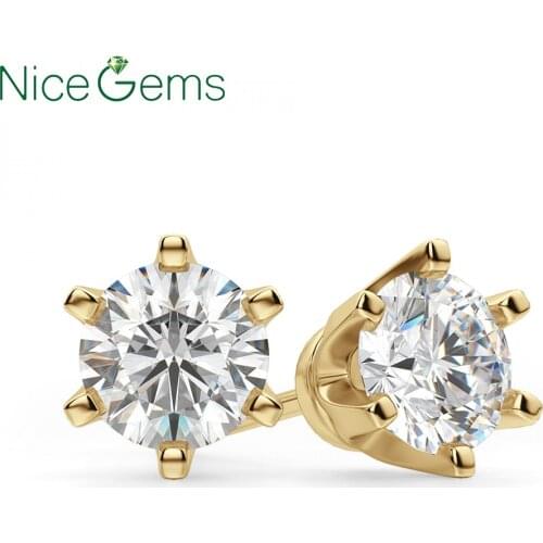 NiceGems Solid 14K 585 Yellow Gold 6 Prong Crown Set D Color Round Moissanite Diamond Stud Earring For Ladies Push Back Wedding