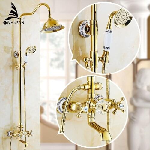 Shower Faucets Luxury Brass Rain Shower Set Dural Handle Wall Mount Gold Bathroom Faucet With Slide Bar Bathtub Faucet WF-18049