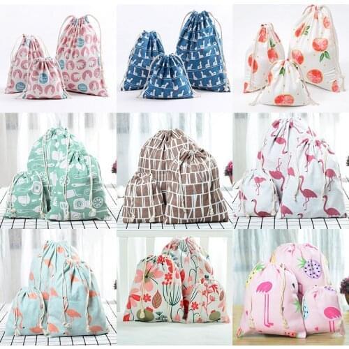 Tropical Flamingo Flower Drawstring Cotton Linen Storage Bag Gift Candy Jewelry Organizer Makeup Cosmetic Coins Keys Bags 49029