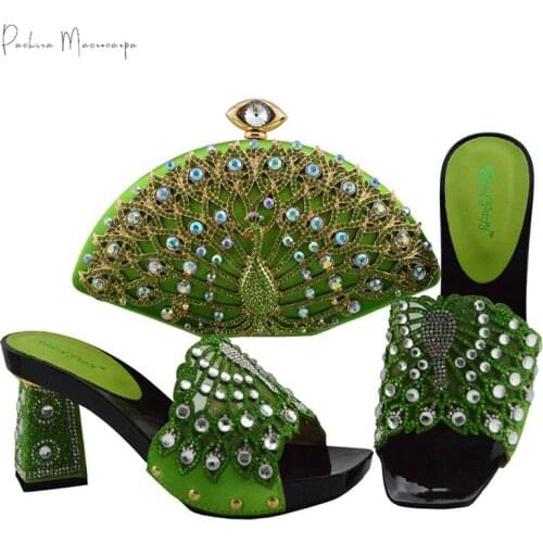 African Comfortable Italian Design Fashion Nigerian Women Shoes and Matching Bag Set in Grass Green Color for Party
