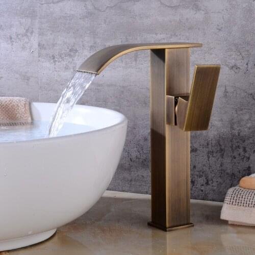 Waterfall Basin Faucet Brass Mixer Hot Cold Mixer Basin Tap Antique Bathroom Faucets