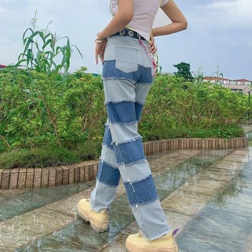 Womens Jeans Tight-fitting High-elastic High-waist Stitching Wide-leg Womens Denim Trousers Womens Pants Patchwork Jeans