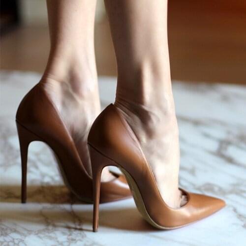 Carpaton Woman Shoes Brown Matte Leather 12cm Heels Dress Shoes Sexy Pointed Toe Stiletto Heels Office Lady Pumps