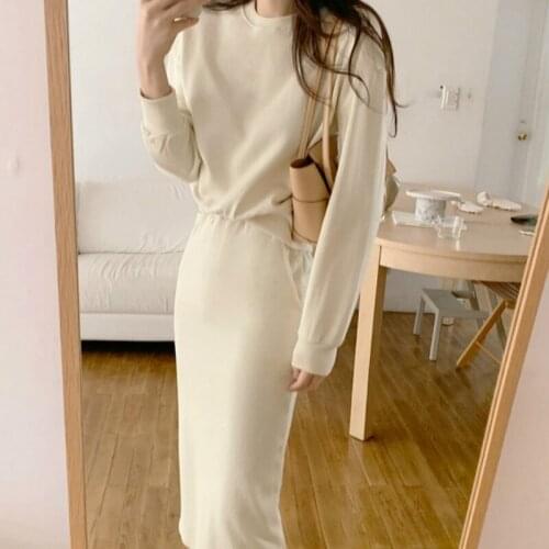 Women Autumn Casual Tracksuits Female Two 2 Pieces Hoody Set Outfit Loose Pullover Sweatshirt with High Elastic Long Skirt