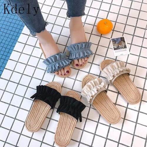 Summer Hot Sale Women Flip Flops Fashion Solid Color Flounce Flat Heel Sandals Outdoor Slipper Beach Shoes For Female Size 35-40