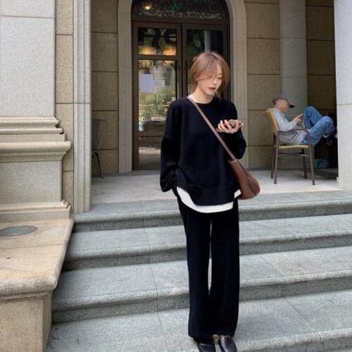 Herstory Autumn Winter 2021 New Leisure Suit Womens Fake Two Piece Korean Temperament Knitted Sweater Wide Leg Pants Fashion