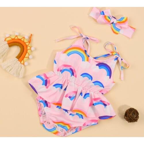 2 Pcs Newborn Summer Outfits Baby Girls Sleeveless Tie-up Rainbow Print U-shaped Neck Romper + Headband