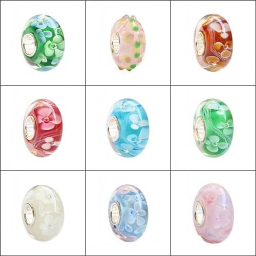 925 Sterling Silver Large Hole Colorful Flowers Murano Glass Charm Beads Fit European Bracelet Jewelry wholesale
