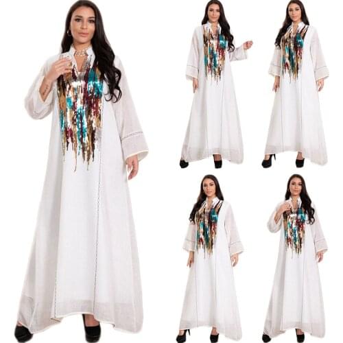 Abaya Muslim Women Long Dress Sequins Embroidery Arabic Maxi Robe Gown Middle East Dubai Loose Casual Islamic Clothing Fashion