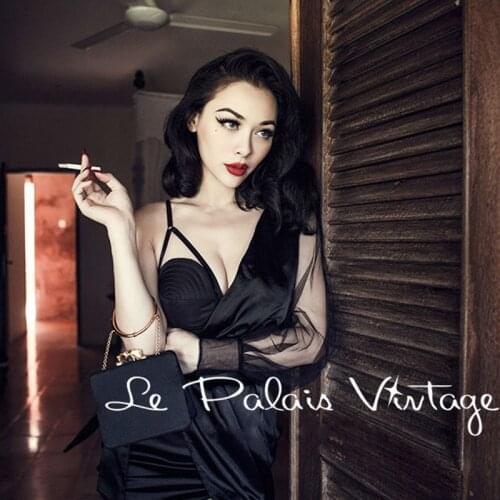 FREE SHIPPING Le Palais Vintage Sexy Black Satin shoulder corset irregular sleeve dress wrapped yarn asymmetrical