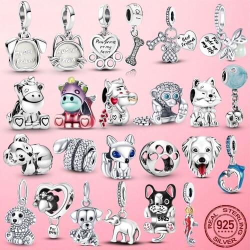 Animal Collection 925 Sterling Silver Bulldog Love Bones Woof Charms Beads fit Original Pandora Bracelet Silver 925 Jewelry Gift