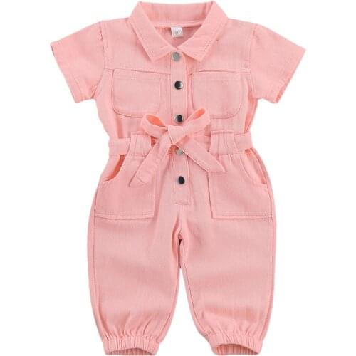 Infant Kids Baby Girls Denim Jumpsuit Work Clothes One Piece Toddler Standing Collar Pocket Short Sleeve Romper for Children