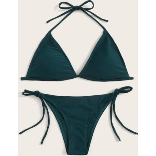 Women Sexy 2pcs Brazilian Bikini Set Halter Triangle Micro Swimsuit Solid Color Side Tie High Cut Push Up Bathing Suit