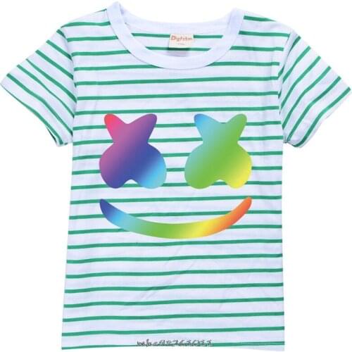 Cotton Short Sleeve Striped T-shirt Childrens Round neck T-shirt Summer Short Sleeve 3D Anime Game DJ Marshmello Print Shirt