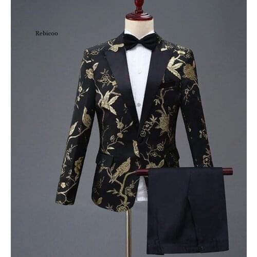 New Design Mens Stylish Embroidery Royal Blue Green Red Floral Pattern Suits Stage Singer Wedding Groom Tuxedo Costume