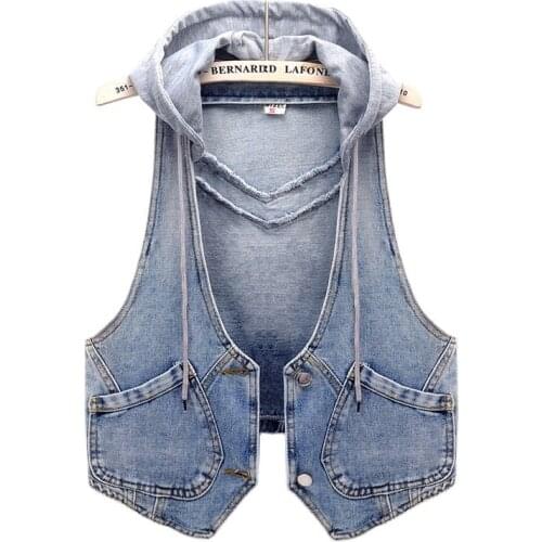 Summer Fashion Womens Denim Vest Autumn Sleeveless Short Coat Korean Style Hooded Loose Vest Jacket Ladies Vests Waistcoat