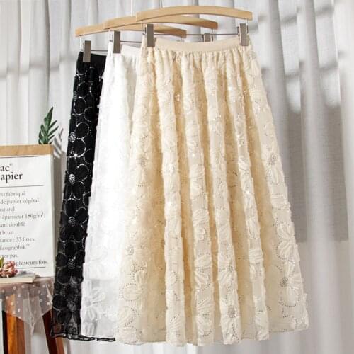 Sweet Embroidered Sequined 3D Floral A-line Long Tulle Skirts