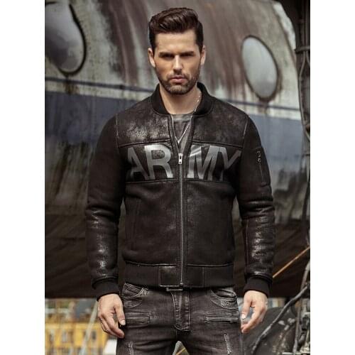 Mens Shearling Jacket Sheepskin Coat Mens Leather Jacket Motorcycle Jacket B3 Flight Jacket Baseball Collar Coat