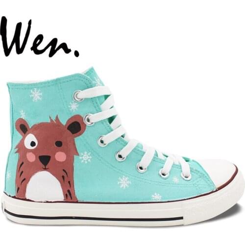 Wen Original Men Womens Hand Painted Canvas Shoes Design Custom Cartoon Bear Snowflake High Top Flats Lace Up Sneakers for Gifts
