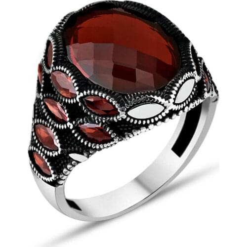 Men Silver Ring With Red Zircon Stone and Mini Red Zircon Stone Made In Turkey Solid 925 Sterling Silver