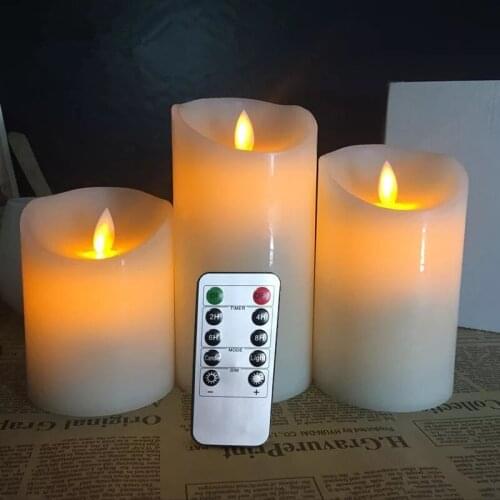 Set of 3 Flickering Pillar LED Candle Lamp Remote controlled Moving wick melted edge Wedding Xmas Party 12.5-15-18CM(H)-Amber